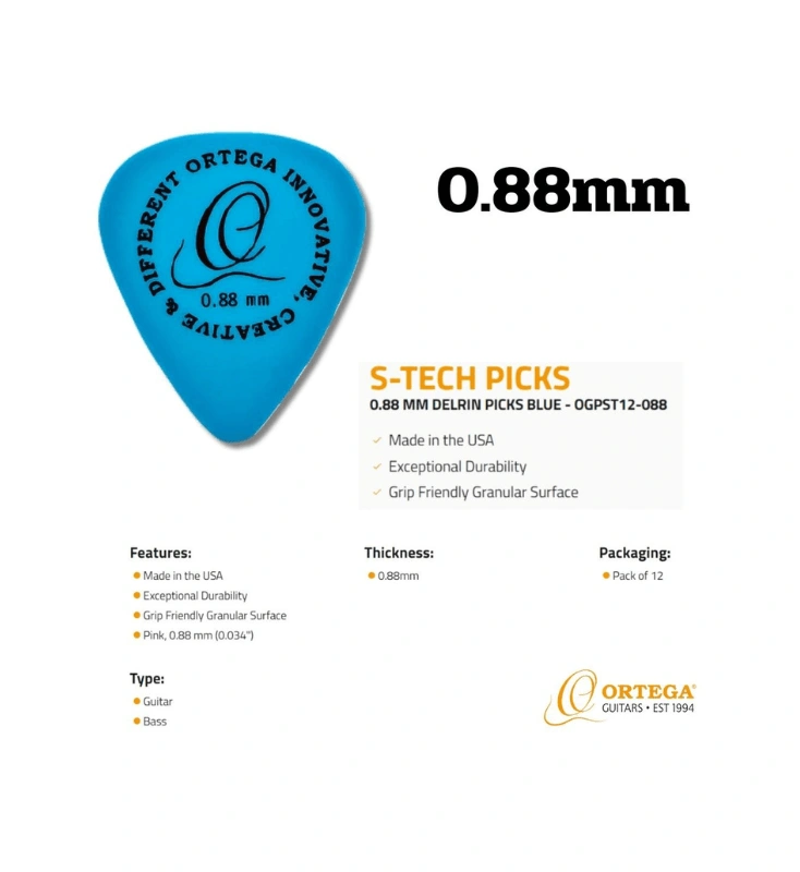 Pick guitar Ortega S-TECH PICKS เนื้อ DELRIN Made in the USA ขนาด 0.88mm