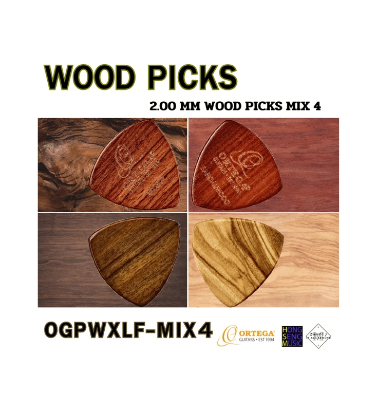 Ortega Wooden Picks ปิ๊คกีตาร์ไม้ ทรง Flat รุ่น OGPWXLF-MIX4 รวม 4 ชนิดไม้