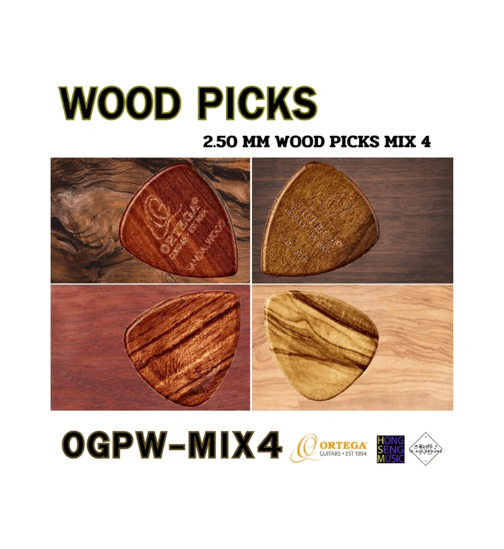 Ortega Wooden Picks ปิ๊คกีตาร์ไม้ ทรง Curved รุ่น OGPW-MIX4 รวม 4 ชนิดไม้